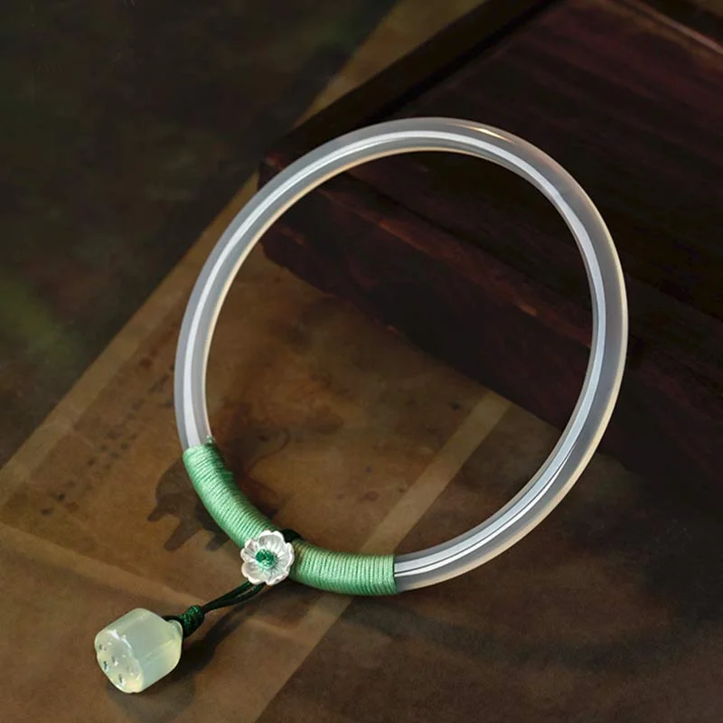 Natural Chalcedony Green Aventurine Lotus Bell Blessing Bracelet Bangle