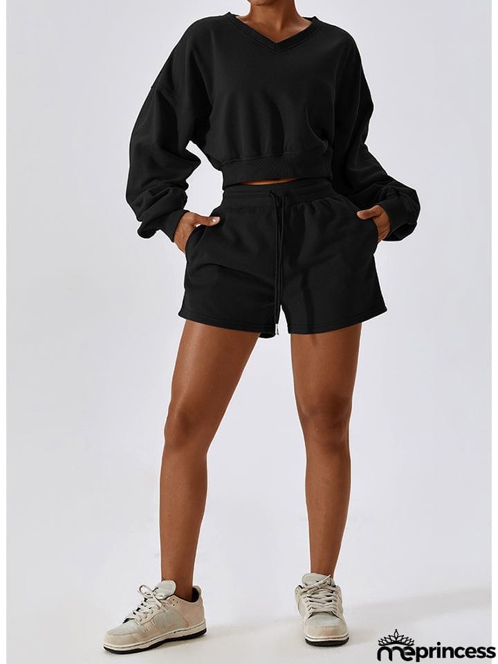 V-Neck Dropped Shoulder Sports Sweatshirt