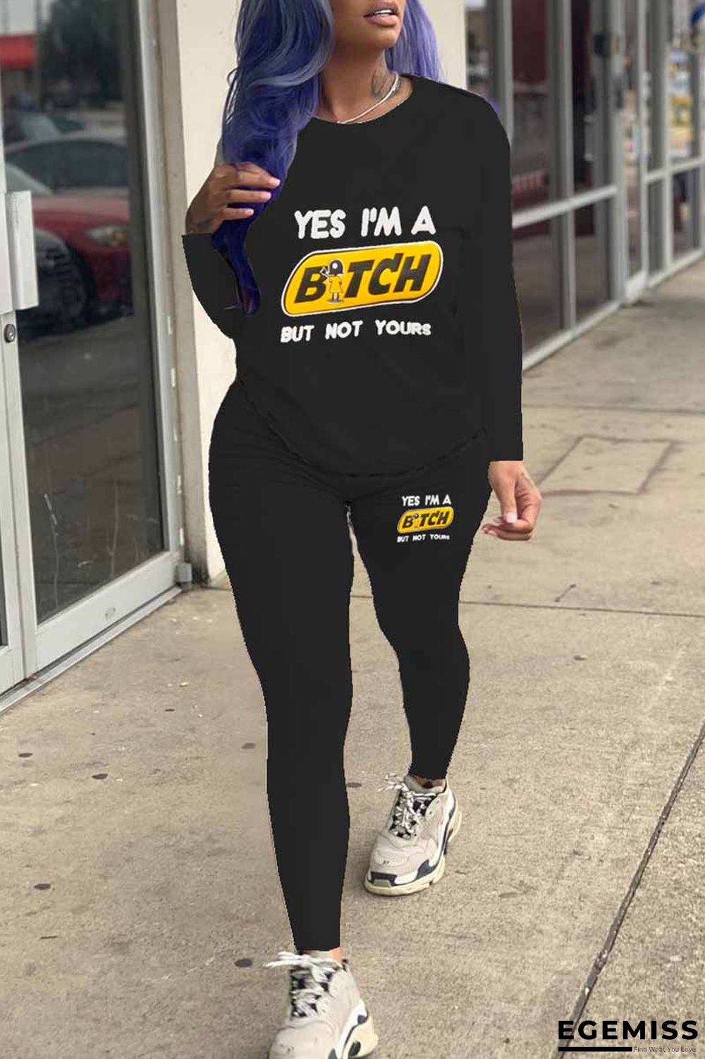 Black Casual Print Letter O Neck Long Sleeve Two Pieces | EGEMISS