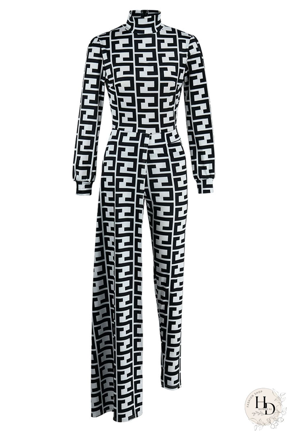 Black And White Casual Print Asymmetrical Half A Turtleneck Long Sleeve Two Pieces