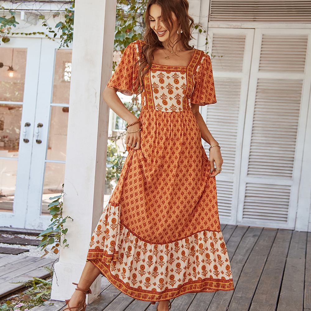 Riyadapak stylish dresses for women 2025 Fashion Summer Printed Long Dress 2025 High Waist Square Neck Dresses On Sale Clearance New Bohemian Beach Style Womens Dresses