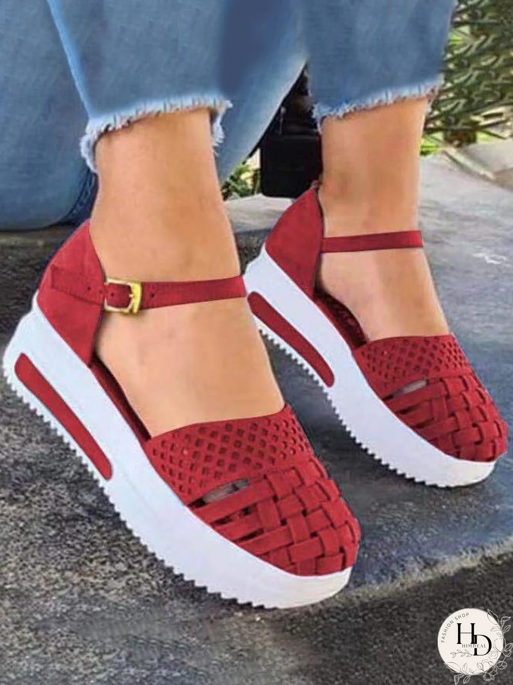 Braided Breathable Cutout Toe Platform Buckle Sandals