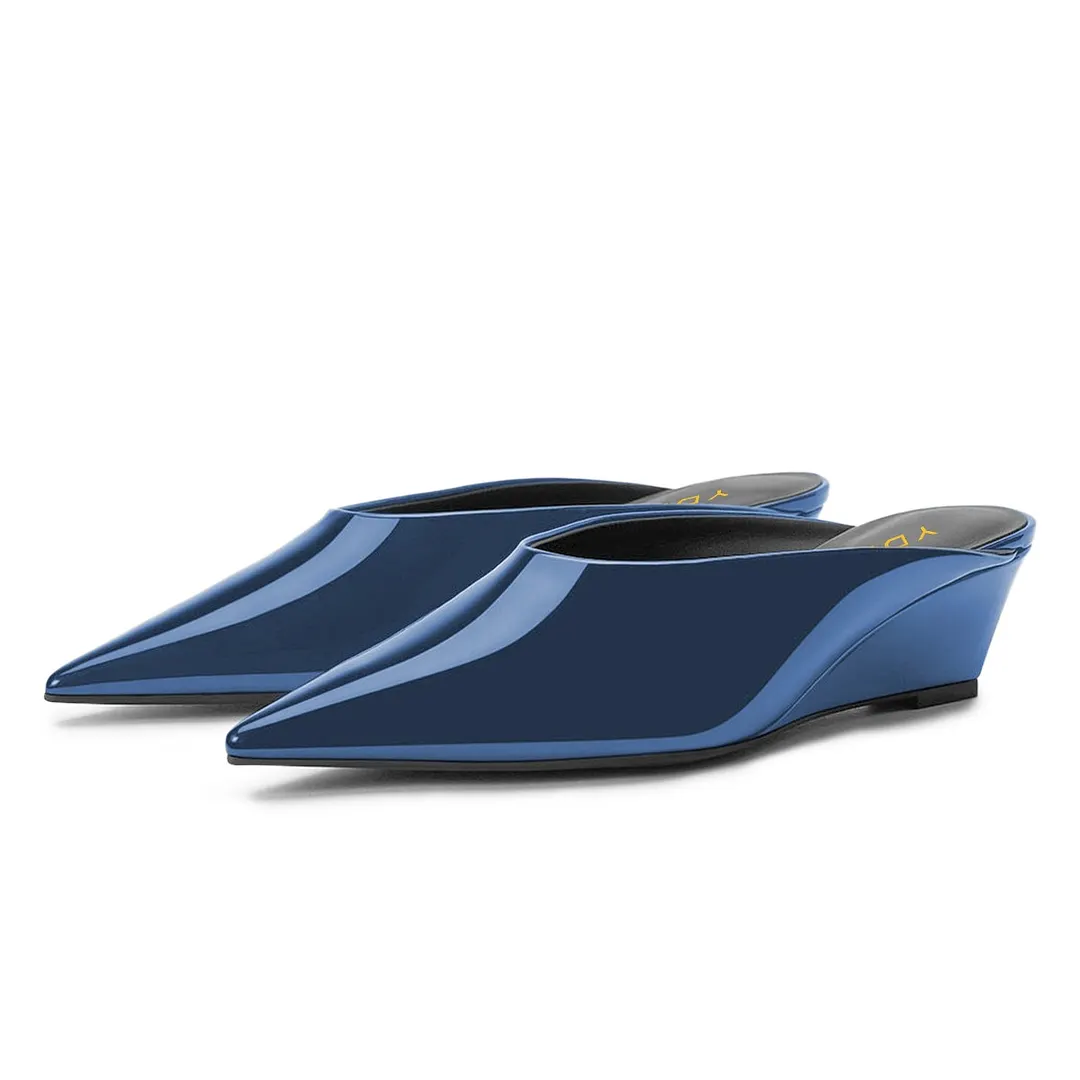 Women's Blue Patent Leather Slip-On Wedge Heel Pointy Toe Mules