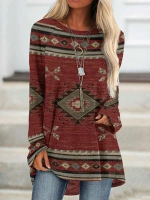 Women's Aztec Enthic Geometric Red Area Pattern Crew Neck Long Sleeve T-Shirt