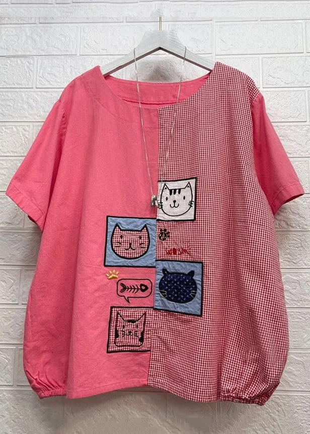 Simple Rose O Neck Embroideried Patchwork Cotton T Shirts Summer