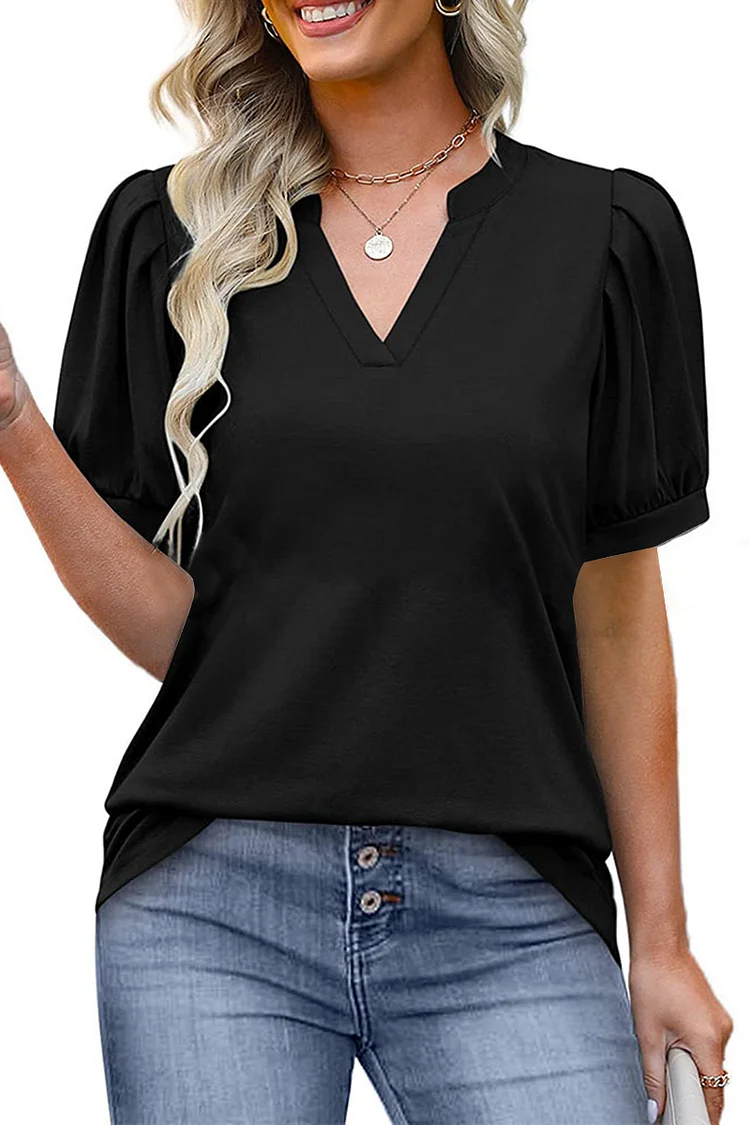 Casual White Pleated V Neck Bubble Sleeve Blouse  Flycurvy [product_label]
