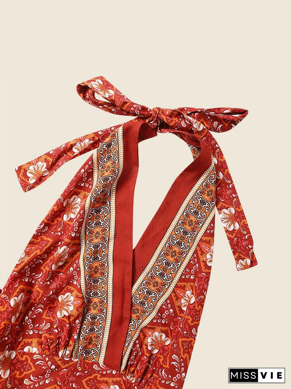 Bohemian Flower Self Tie Halter Open Back Bow Maxi Swing Dress