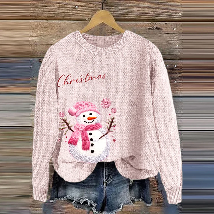 Vintage Pink Awareness Christmas Snowman Knitted Cozy Sweater