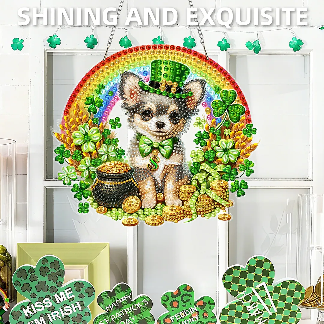 St Patricks Day Dog DIY 2D Flat Acrylic Diamond Painting Kits 5D Diamond Art Painting Window Pendants for Home Garden Wall Decoration