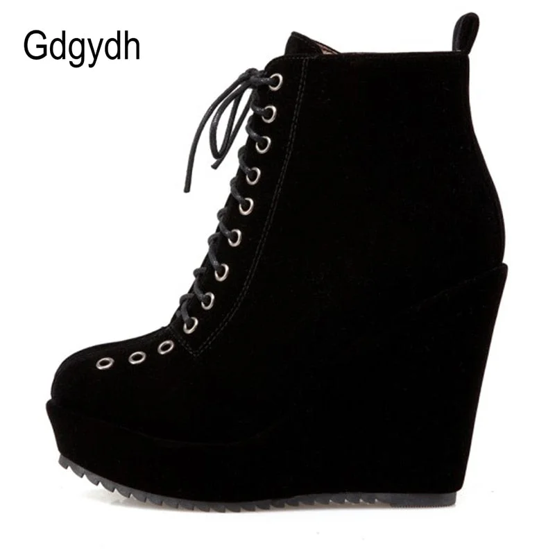 Gdgydh Lace Up Platform Women Ankle Boots Short Winter Shoes Suede Wedge Heels Black Punk Gothic Female Footwear High Quality