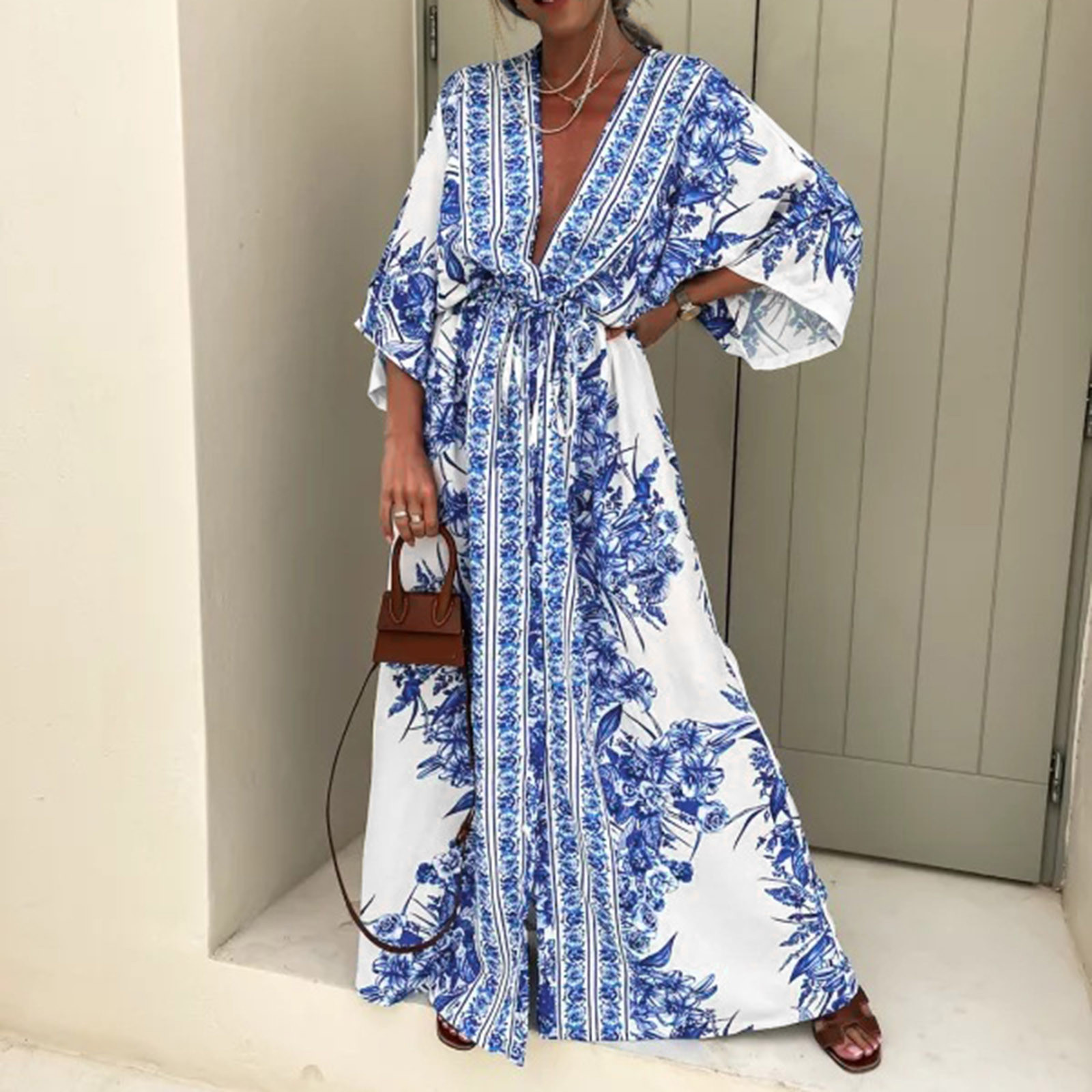 Summer Elegant Dresses For Women Ladies' V Neck Short Sleeve Lace Up Printed Large Skirt Dress Vestidos Femenino