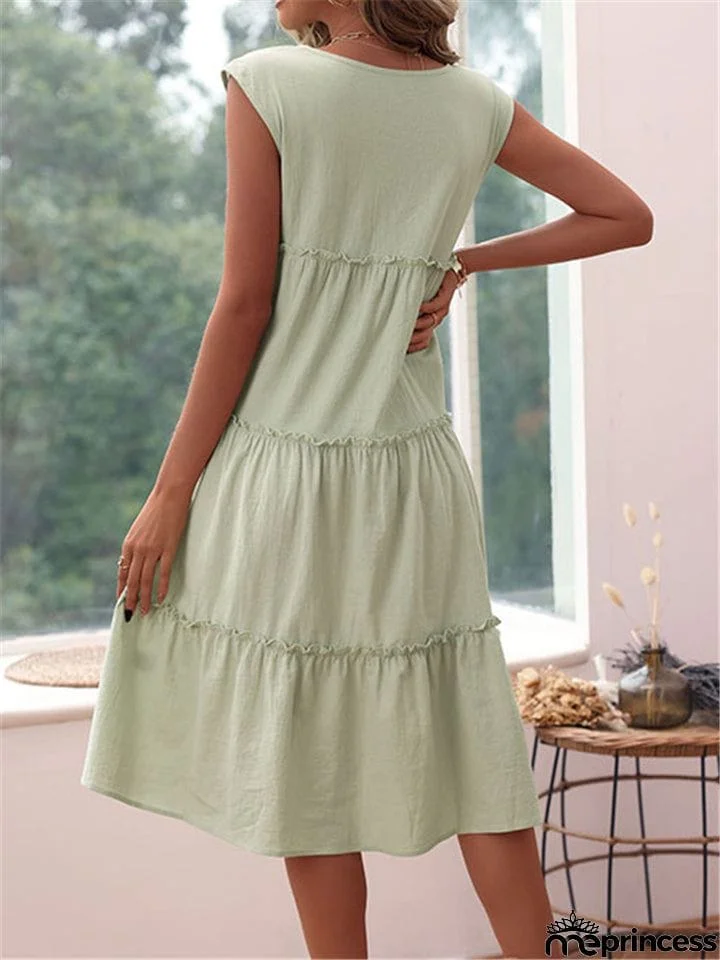 Sleeveless V-Neck Linen Light Green Dress