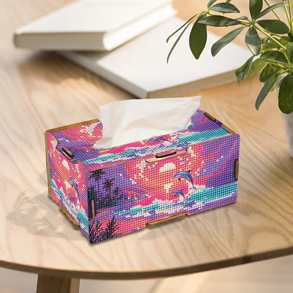 Diamond Painting Tissue Box Kits Rhinestone Craft Kit (Pink Sunset Dolphin)