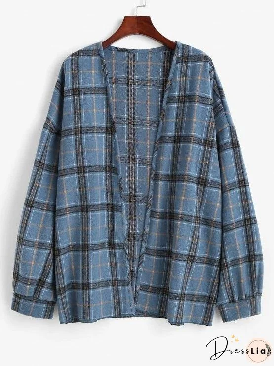 Plaid Drop Shoulder Open Front Coat for Women