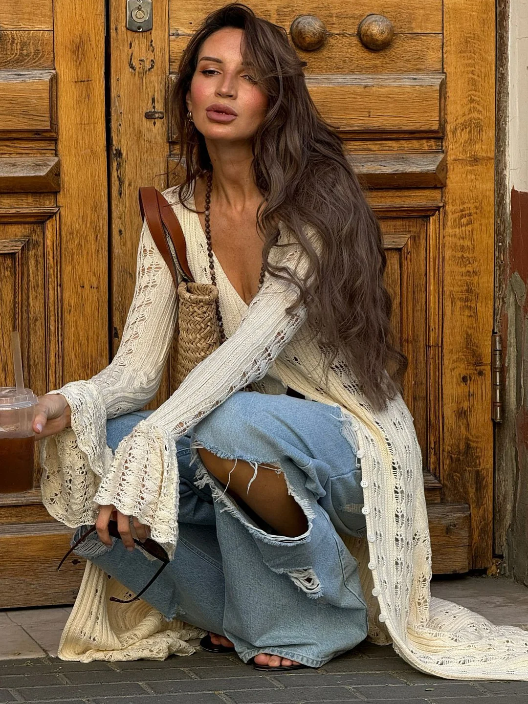 Athvotar Athvotar Attitude Babes Personality Style Long Design Knitted Cardigan Women's Hollow Hook Flower Solid Color High Sense