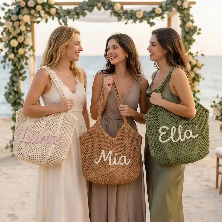 Personalised Straw Knitted Beach Bag and Crochet Tote - Unique Bridesmaid Gift Bags, Travel Wedding Favor, Bachelorette Trip Present