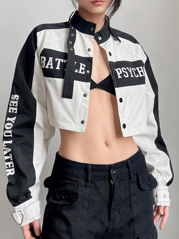 Punk Color-block Paneled Stand Collar Letter Printed Long Sleeve Coat