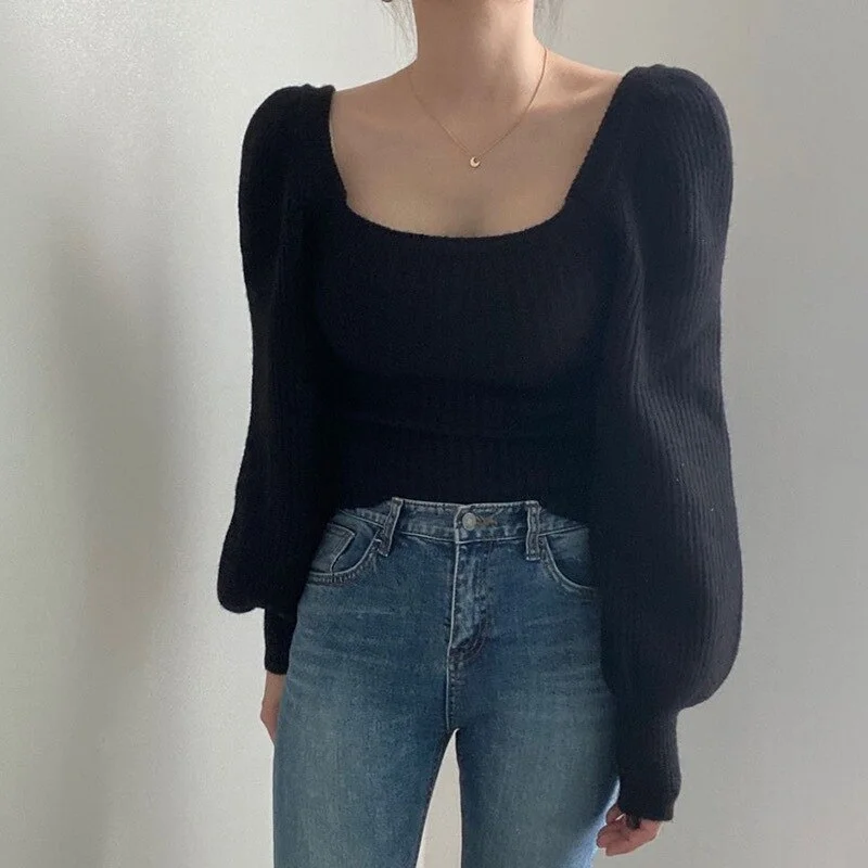 Wongn Crop Top Jumper Sueter Mujer Jersey 2022 Sweater for Women Oversize Wild Square Collar Lantern Sleeve Knitted Sweaters