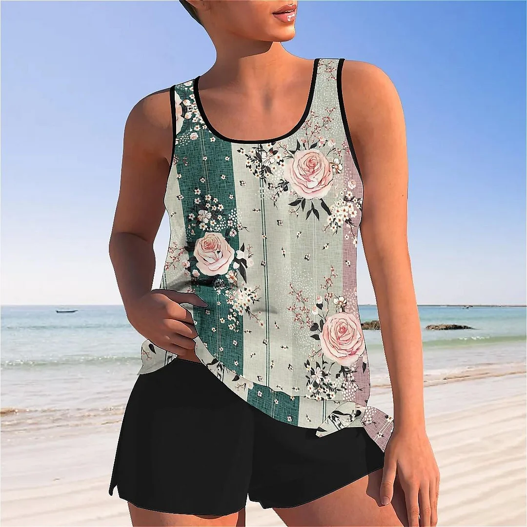Bowknot Floral,Pink,Green,Stitch Mid Waisted Tankini Set - Plus Size Available