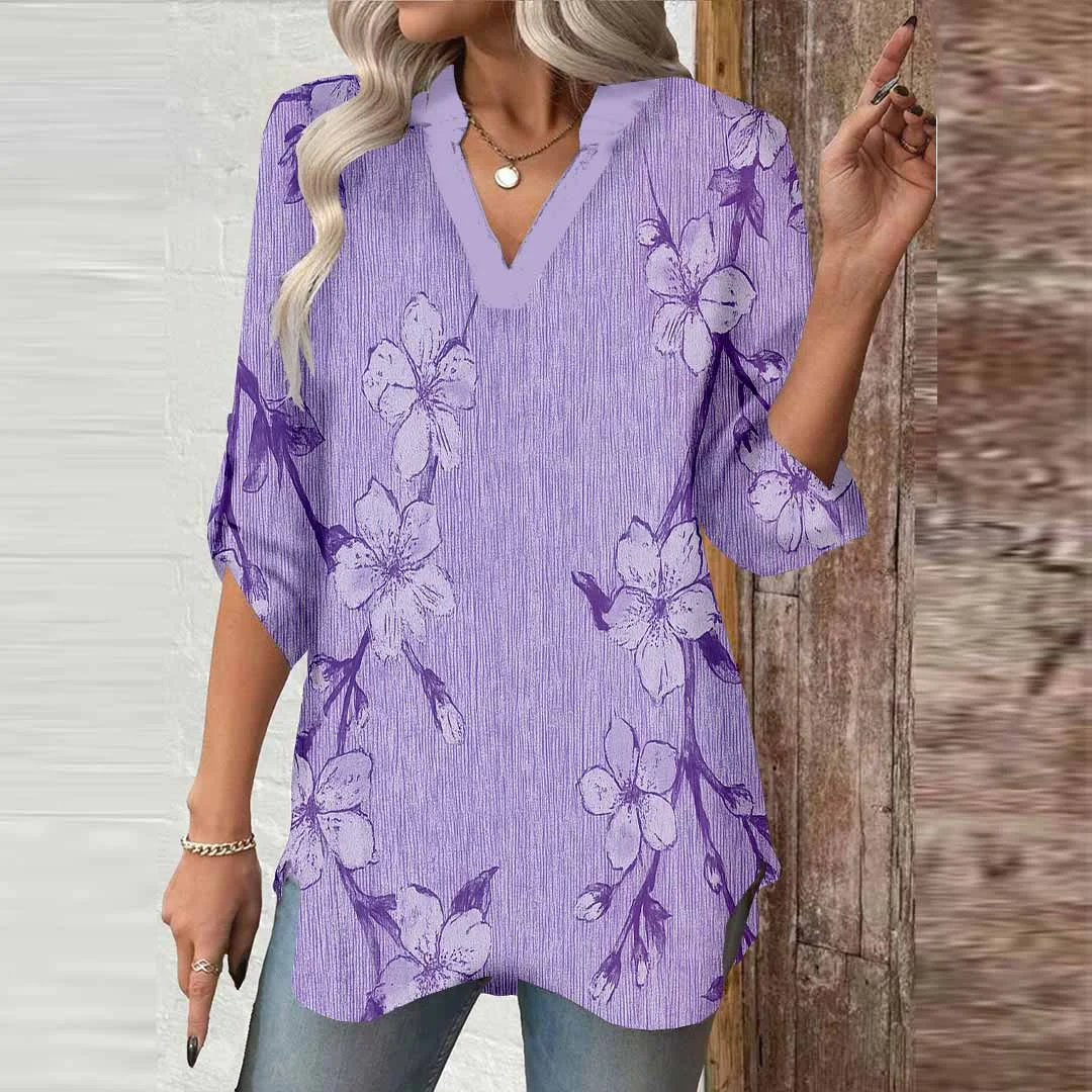 Women Floral,Purple DZGA0680 3/4 Sleeve V-neck Printed Graphic Button Tops