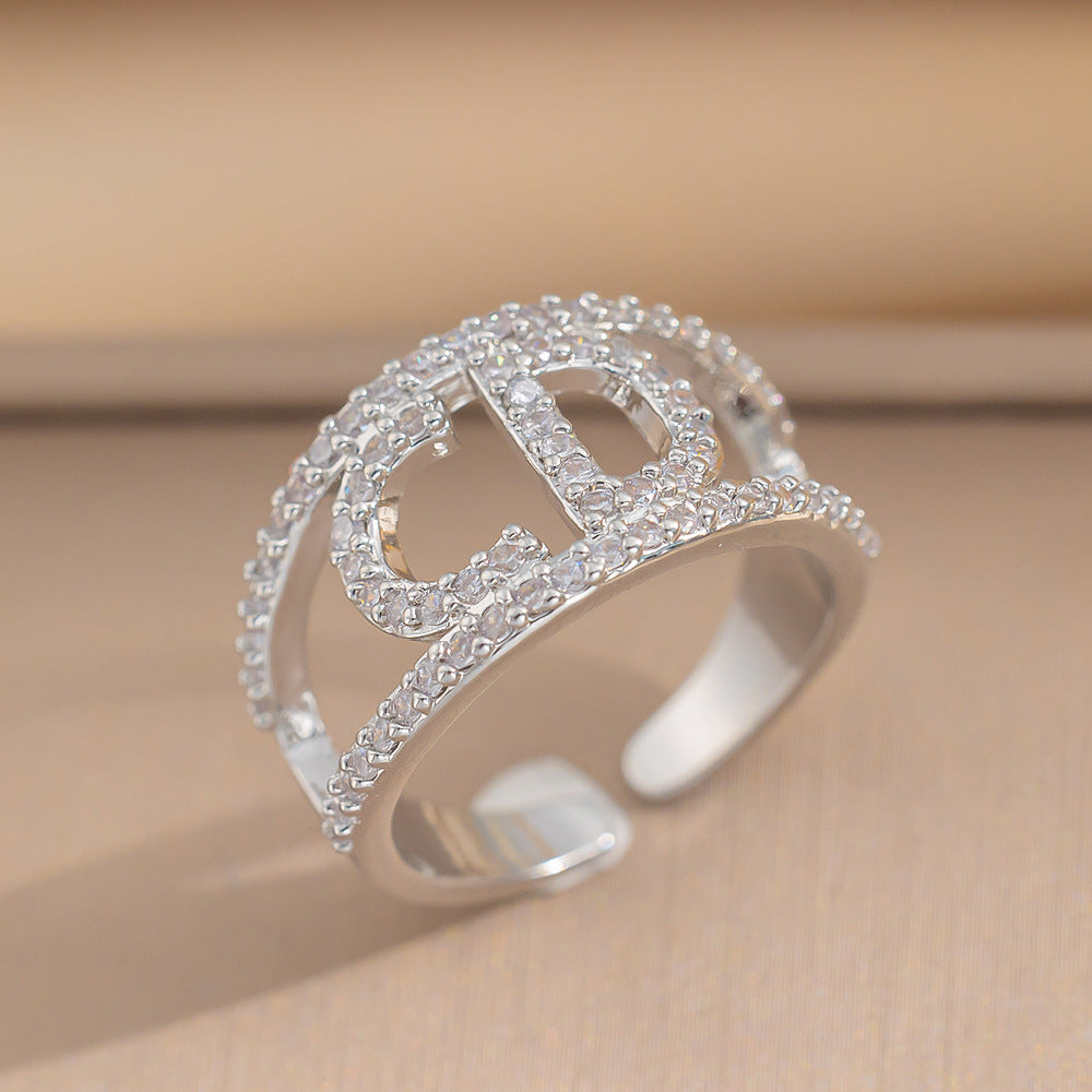 French Style Full Diamond Ring For Women Fashionable Open And Adjustable Super Flash Diamond Ring Simple And Trendy