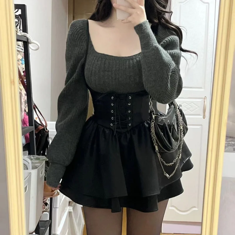 Woherb Winter High Waist Leather Black Mini Dress + Casual Knitted Sweater Elegant Clohting Woman Korean Fashion Suit Design Chic-Outfit Ideas