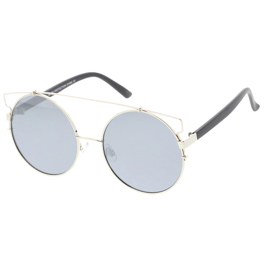 Oversize Metal Frame Horn Rimmed Crossbar Mirror Flat Lens Round glasses 62mm