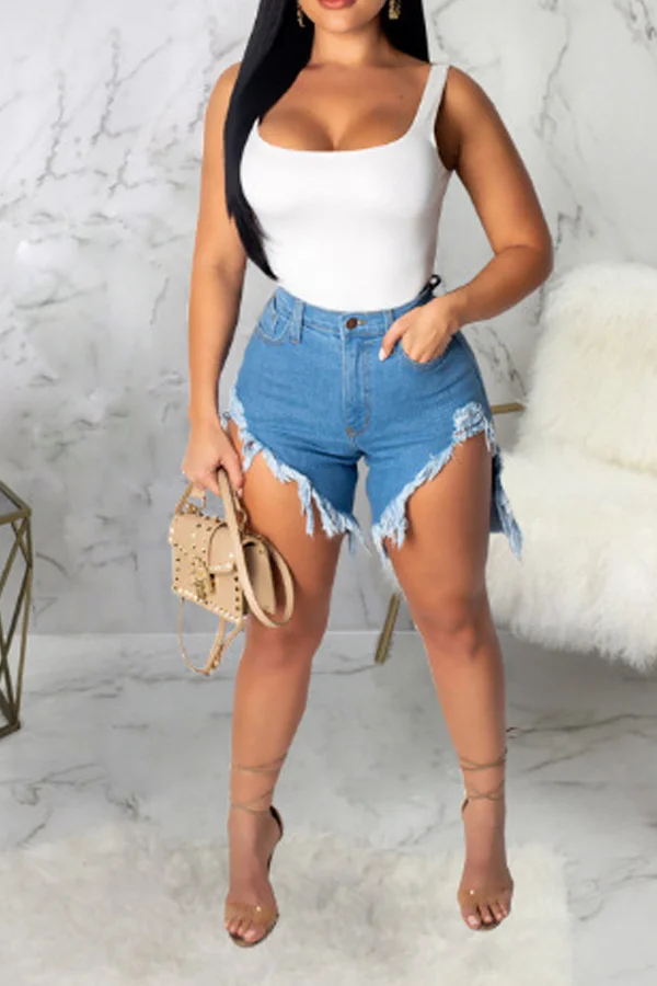 Blue Denim Zipper Fly High washing Old Straight shorts Bottoms