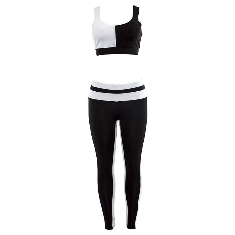 Women's two-piece suit Black and white Patchwork Fitness suit Female Side stripe Leggings and tops suit Femme S-L