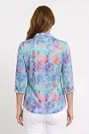 Back view of artistic mosaic print summer blouse showing relaxed tailored silhouette and collar