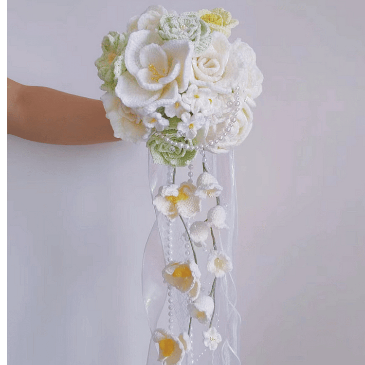 Lulusnow Handmade White Pearl Crochet Flower Bouquet Wedding/Forever Loving Girlfriend/Wife/Bride Gift