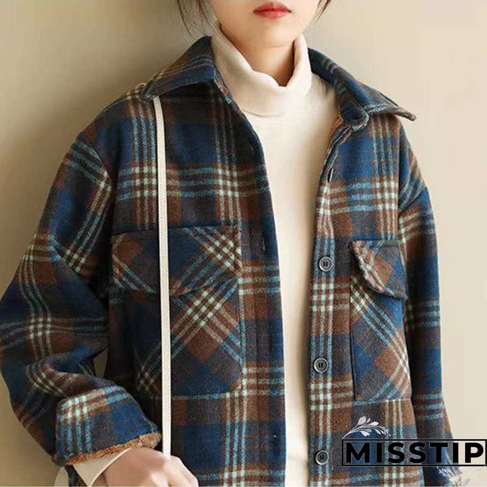 Classic Thick Colorblock Checked Button Down Shirt Jacket Woolen