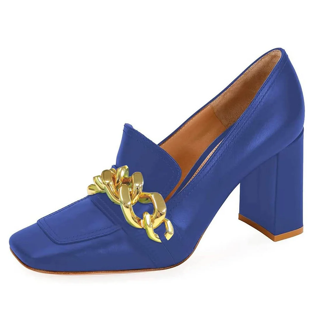 Blue Square Toe Chunky Heel Women's Loafers with Gold Chain