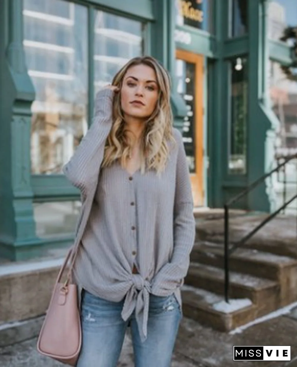 Grey Knotted V-Neck Long Sleeved Button Sweater