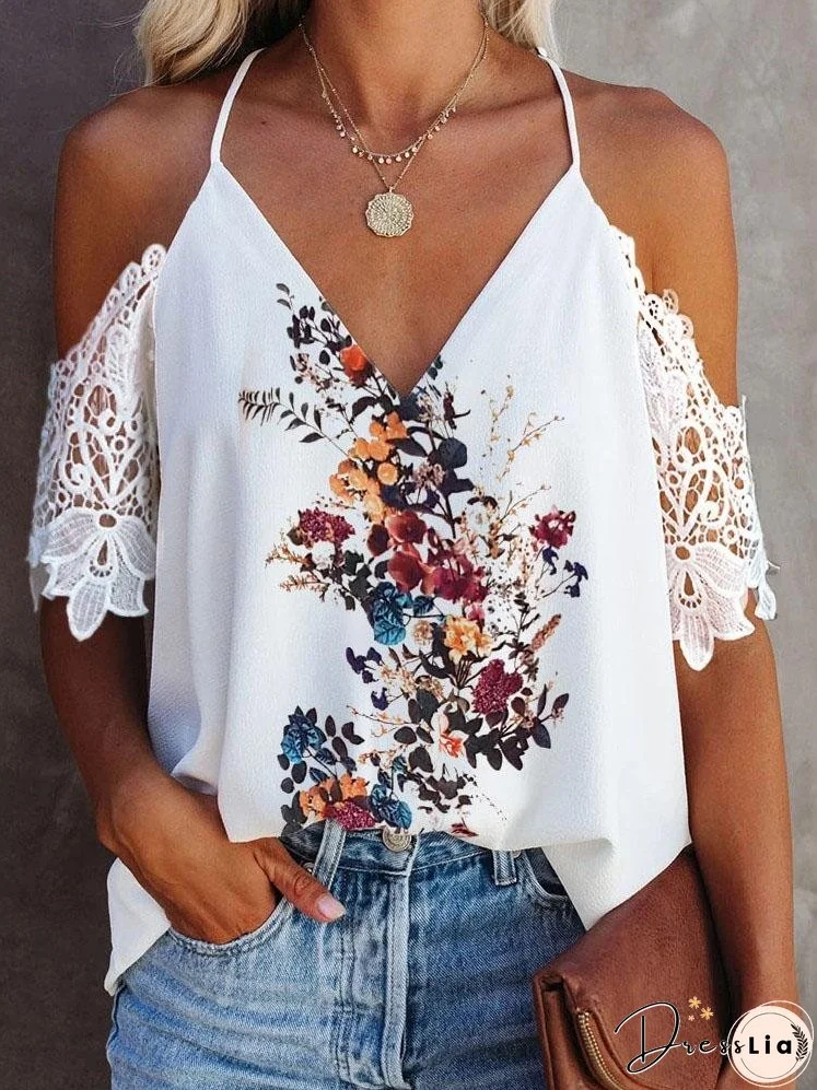 Contrast Lace V Neck Halter Floral Print Top