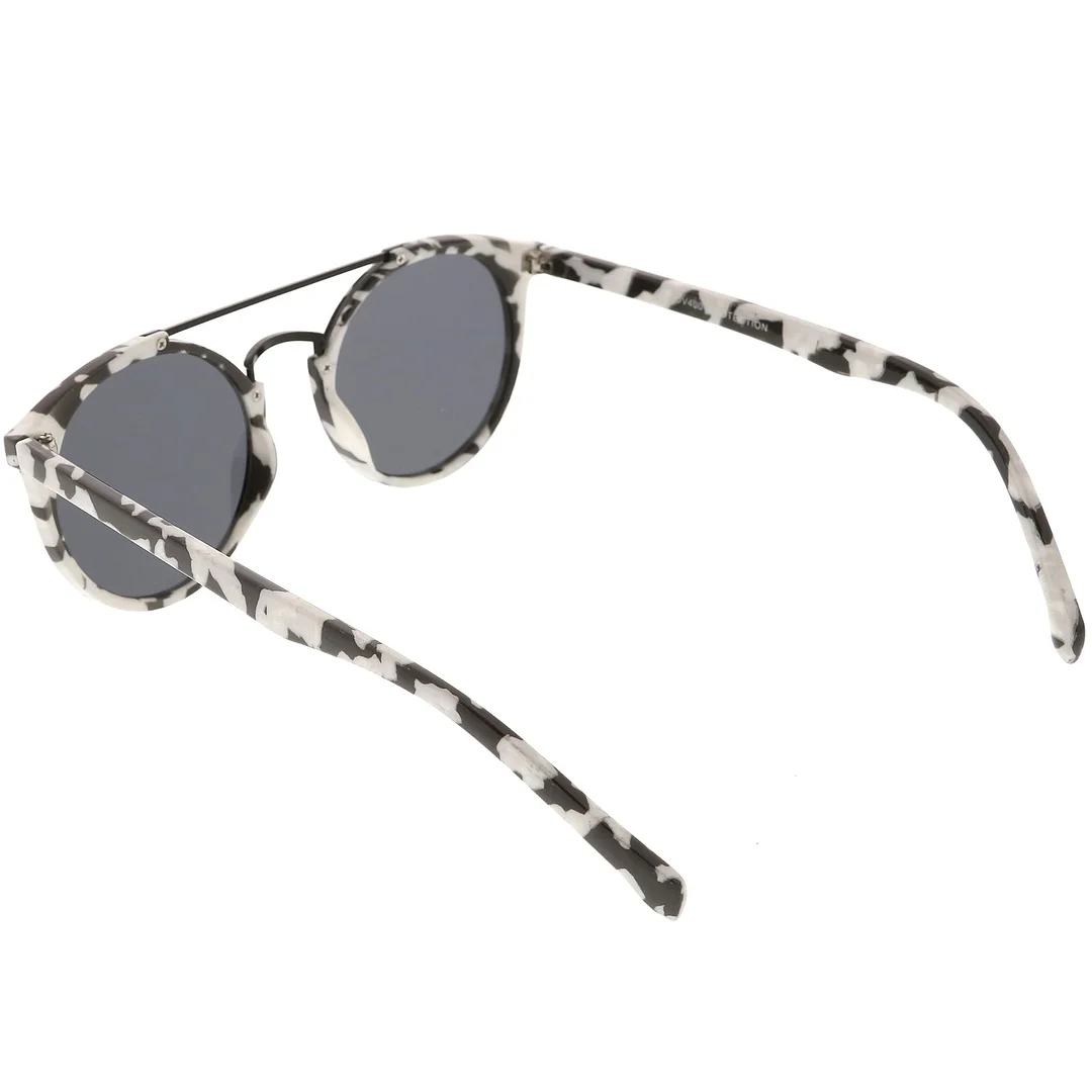 Modern Horn Rimmed glasses Marble Print Double Crossbar Round Flat Lens 50mm