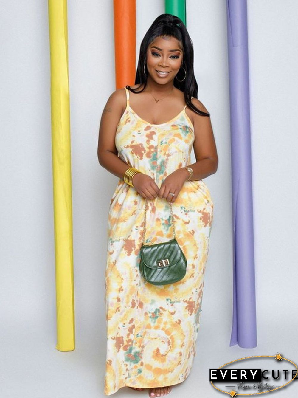 Printed Tie-dyed Sexy Sling V-neck Dress Long Skirt