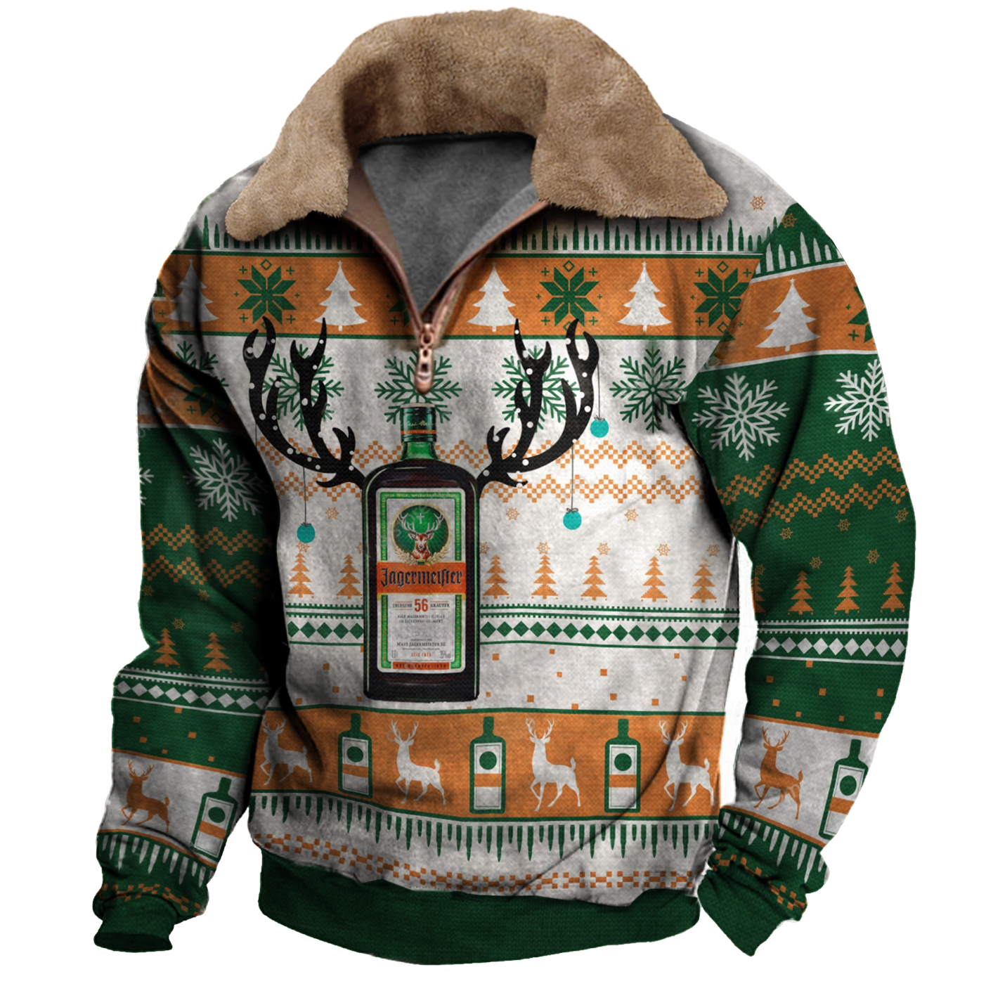 Men's Vintage Jägermeister Christmas Print Half-Zip Fur Collar Sweatshirt