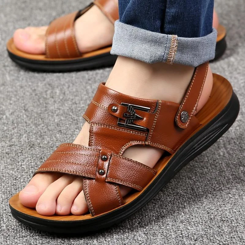 Men's Pu Leather Sandals Non-Slip Casual Beach Flats Flip Flops Sandal Shoes