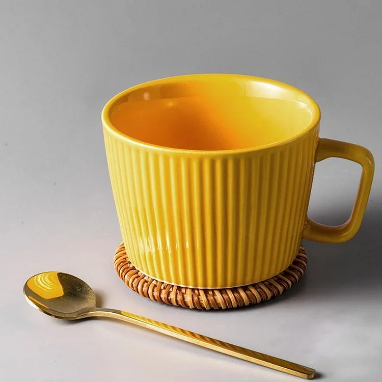Stoneware Striped Coffee Latte Mug with Spoon Rattan Coaster