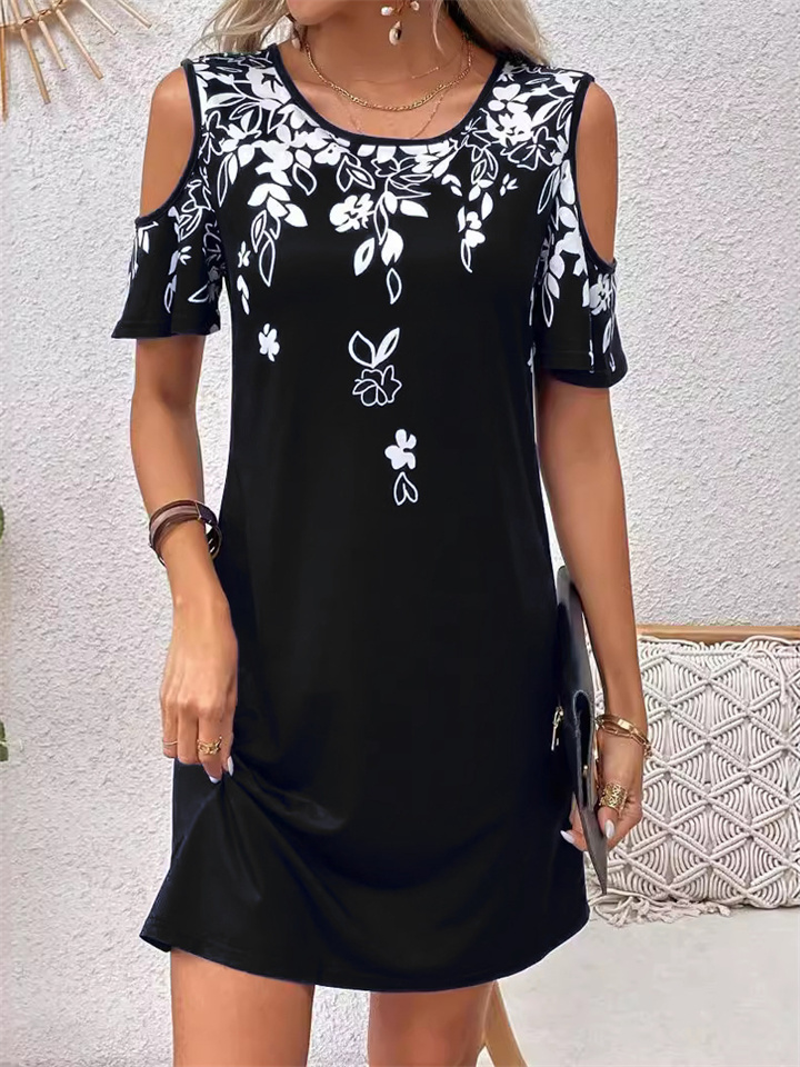 Spring and Summer Women's New Strapless Round Neck Printed Dress S-XXL-JRSEE