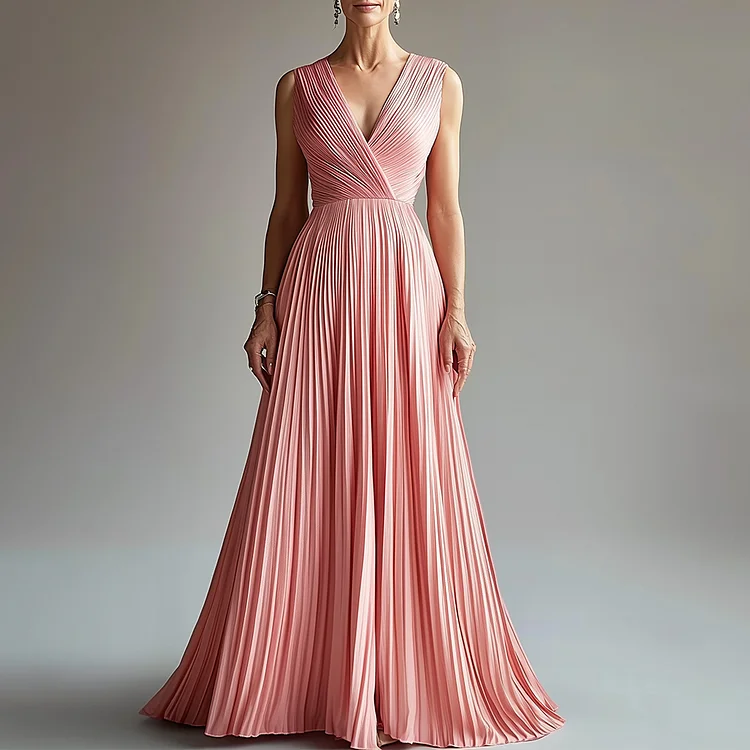 Ursime Elegant Deep V Neck Wrap Sleeveless Pleated Maxi Dress
