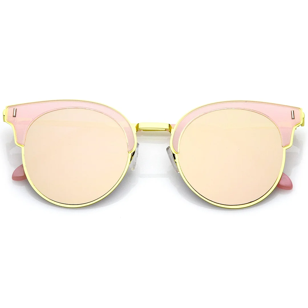 Modern Half Frame Round Colored Mirror Flat Lens Horn Rimmed glasses 49mm