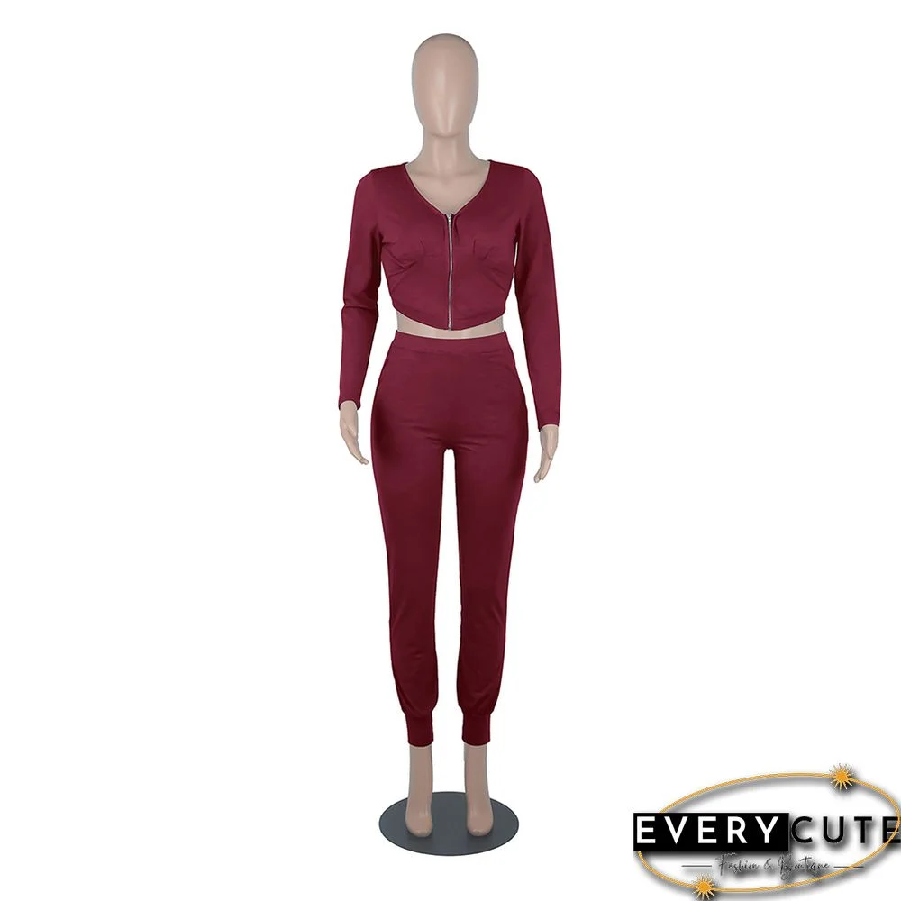 Wine Red Zipper Long Sleeve Crop Top And Pant Set