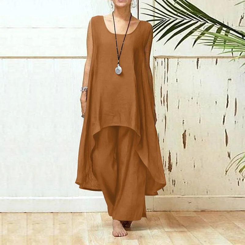 Fashion Matching Sets 2022 ZANZEA Summer Women's Tracksuit Casual Sleeveless Asymmetrical Blouse Suits 2PCS Loose Pant Sets
