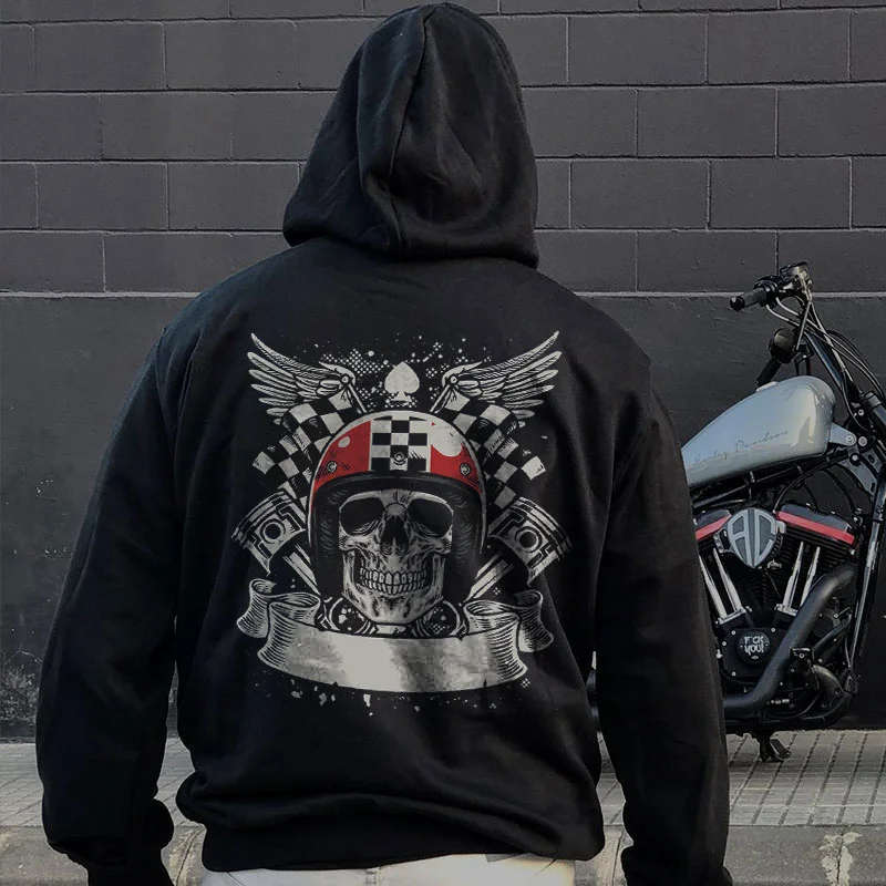 Skull with Helmet Wings Moto Club Casual Black Print Hoodie