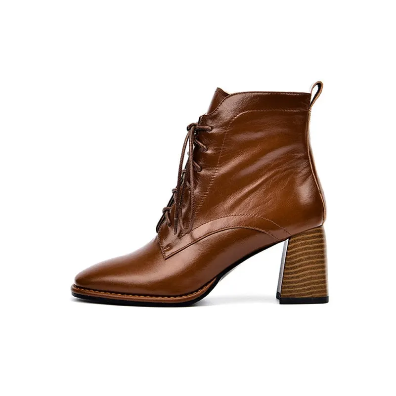 Meotina Real Leather High Heel Ankle Boots Women Shoes Square Toe Chunky Heels Zip Cross Tied Female Short Boots Autumn Brown