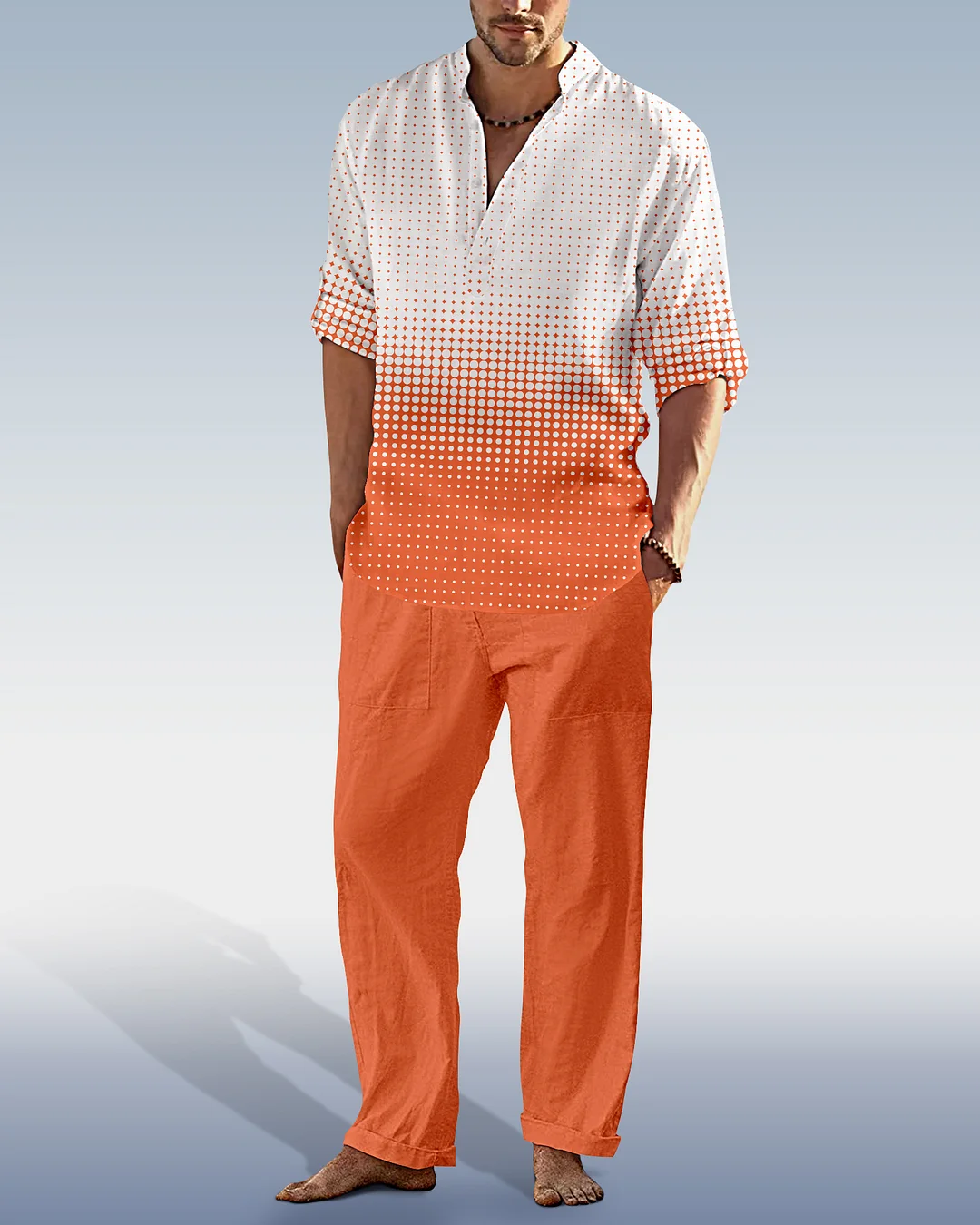 Suitmens Men's Color Matching Casual Cotton Linen Trousers Long Sleeve Set 62