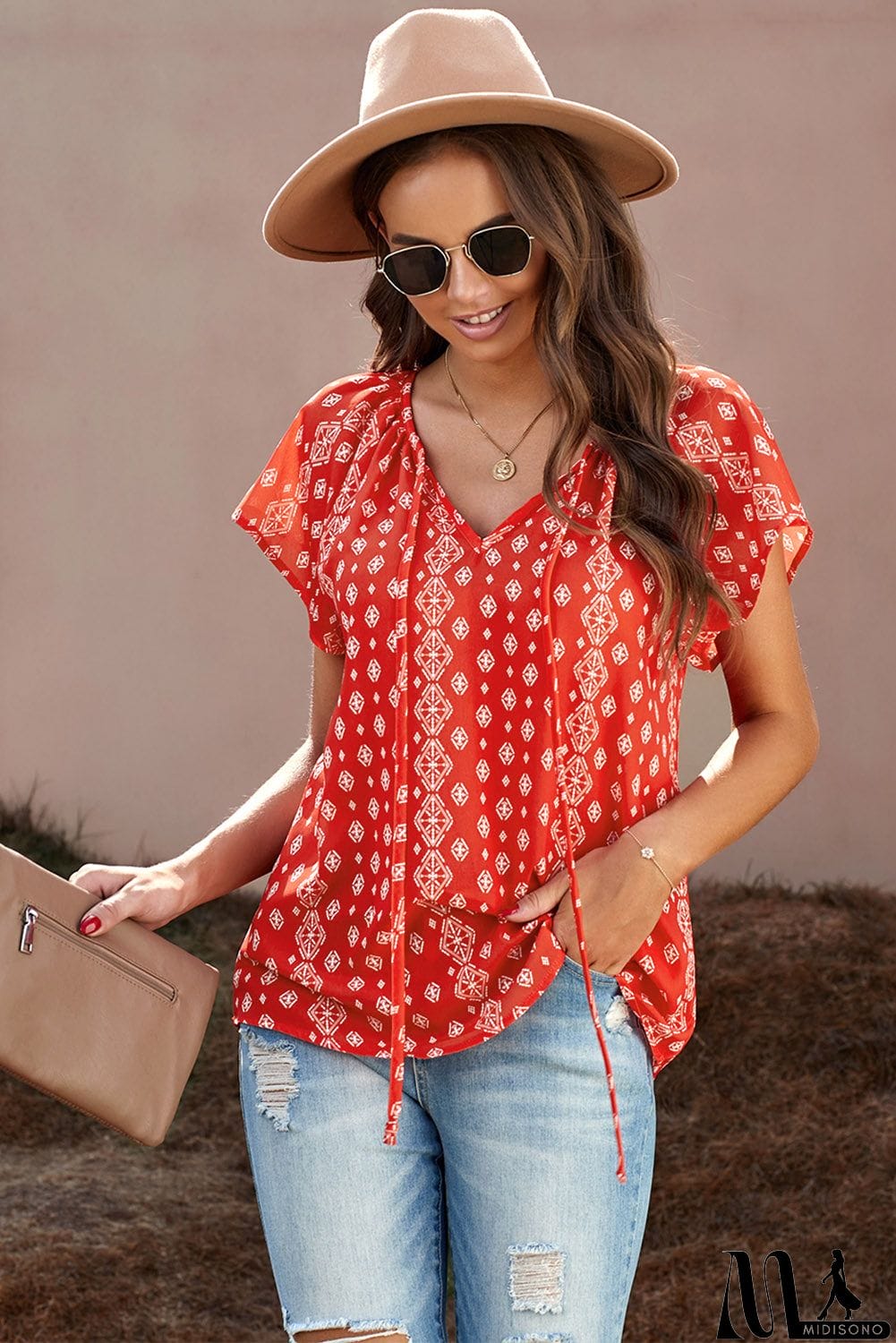 MidiSono - Red V-neck Short Sleeve Fashion Print Fantasy Fluttering Blouse