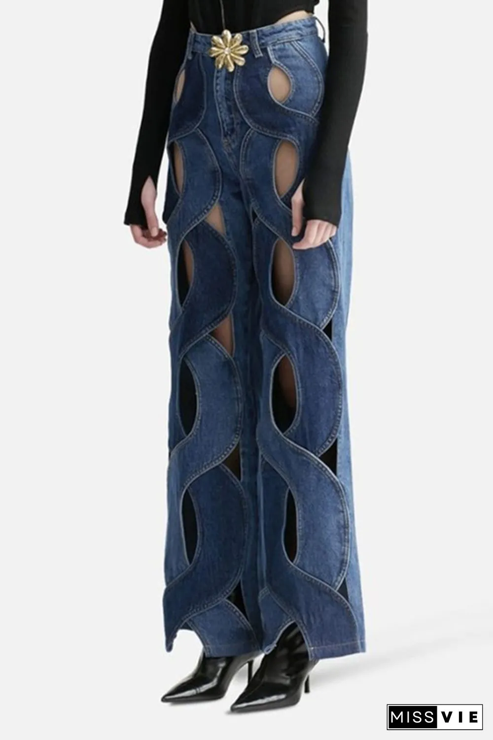 Street Solid Hollowed Out High Waist Straight Denim Jeans